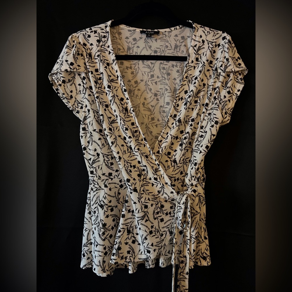 White and black wrap blouse